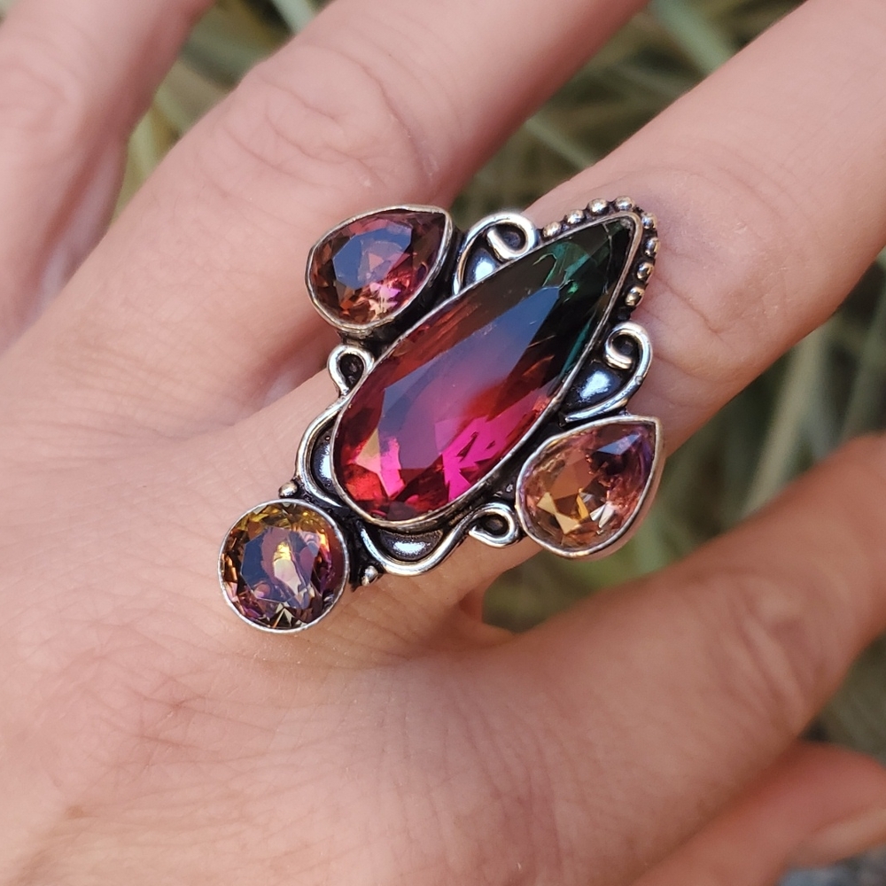 New Bi-Color Tourmaline 925 Silver Statement Ring.